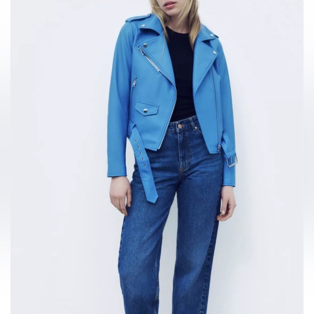 ZARA Faux Leather Blue Moto Jacket XS Biker Blogger Favorite TikTok Style - Picture 13 of 15